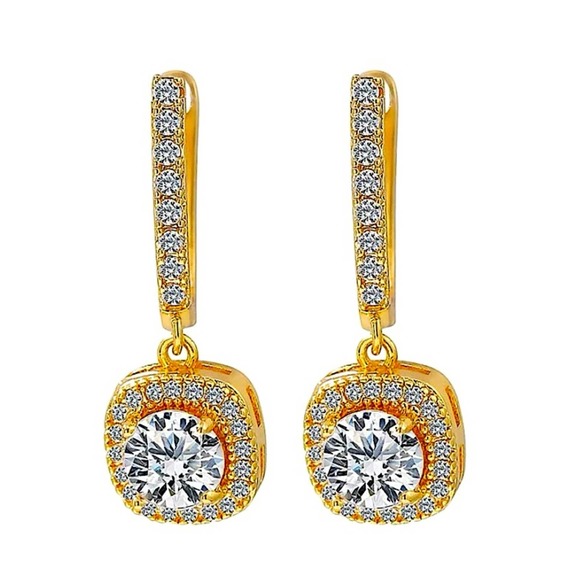 Gold Cubic Zircon Princess Square Cut Diamond Drop Dangle Earrings - Picture 2 of 4